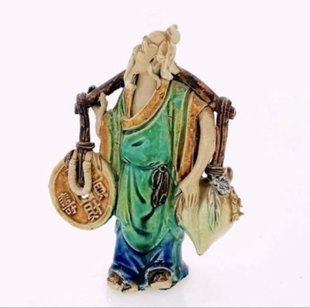 Antique Shekwan Chinese Mudman Figurine Ceramic Statue Carrying Water 6.5 Signed